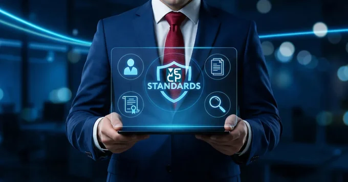 MECP Standards showing on a computer screen being held by a man in a blue suit with a red tie standing in an office