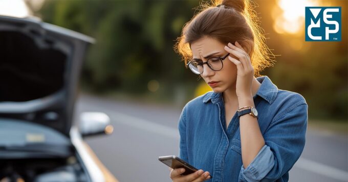 A woman with glasses looking down at a cellphone in her hand while in the background, there is a vehicle with its hood open