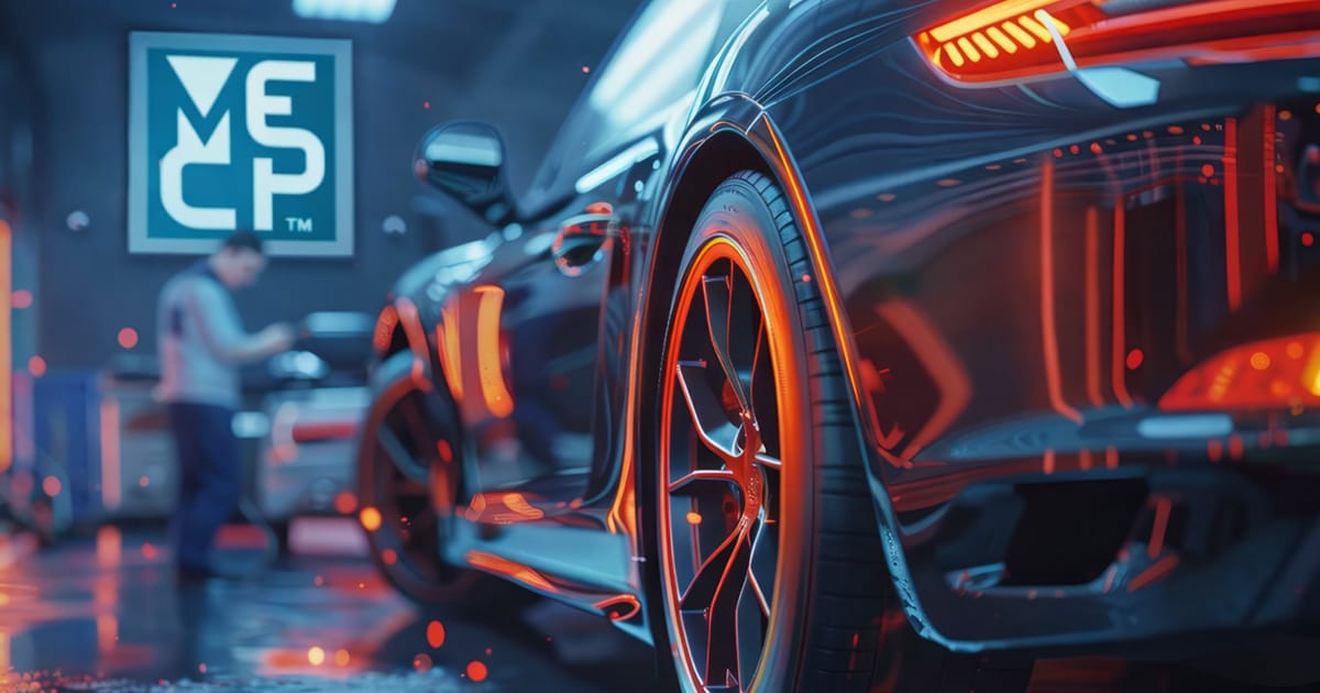 The MECP logo on the wall of a garage with a cool futuristic car being worked on