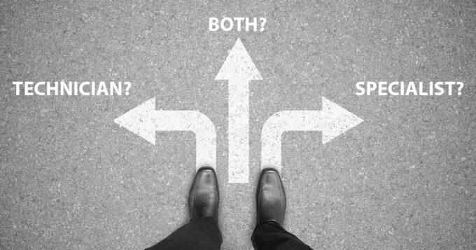 A man's feet standing on a road with three options shown by arrows leading off in various directions