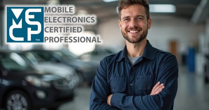 A smiling mechanic standing in a car garage with the MECP logo next to him
